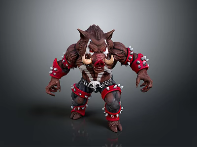Muscular Boar Warrior Creature With Red Spiked Armor And White Tusks 3d model