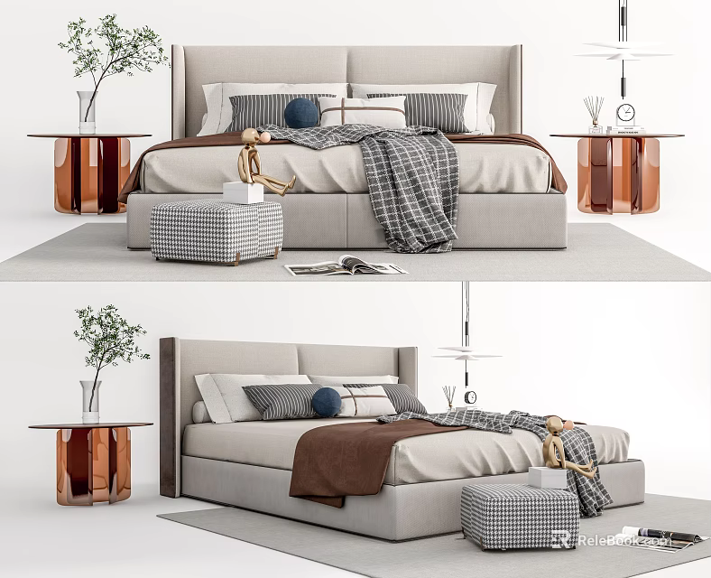 Modern Double Bed with Upholstered Headboard Pillows Throw Blanket Nightstands Green Plants and Ottoman 3d model 