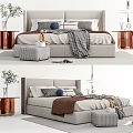 Modern Double Bed with Upholstered Headboard Pillows Throw Blanket Nightstands Green Plants and Ottoman