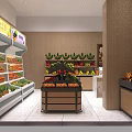 Modern Cozy Fruit Store Interior Design With Neat Fresh Fruit Shelves And Marble Checkout Counter