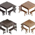 Wooden Square Dining Table Set With Matching Benches In Various Styles 3d model