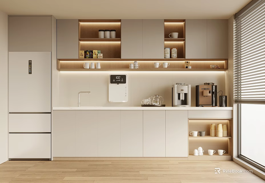 Modern Tea Room Interior Design With Open Shelves Coffee Machine Lighting And White Cabinets 3d model 