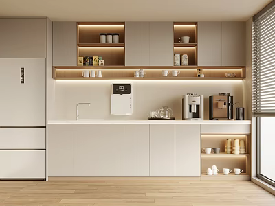 Modern Tea Room Interior Design With Open Shelves Coffee Machine Lighting And White Cabinets 3d model