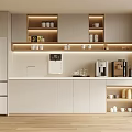 Modern Tea Room Interior Design With Open Shelves Coffee Machine Lighting And White Cabinets