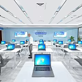 Modern Conference Room With Blue Accents Large Screen Tables Chairs And Lighting Design