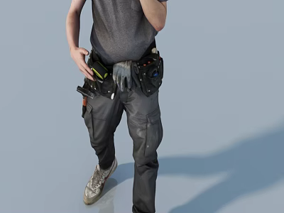 Man Walking In Gray T-shirt And Black Work Pants With Tool Belt Equipped With Tools 3d model