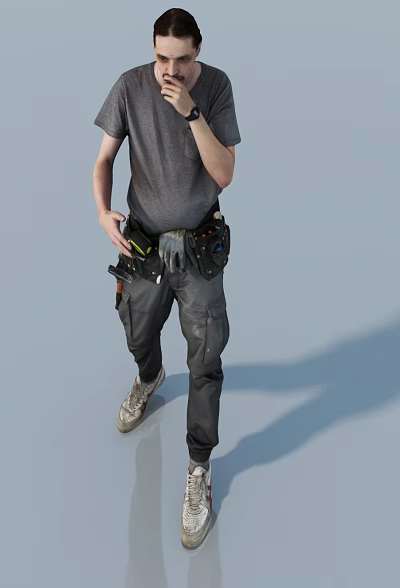 Man Walking In Gray T-shirt And Black Work Pants With Tool Belt Equipped With Tools 3d model