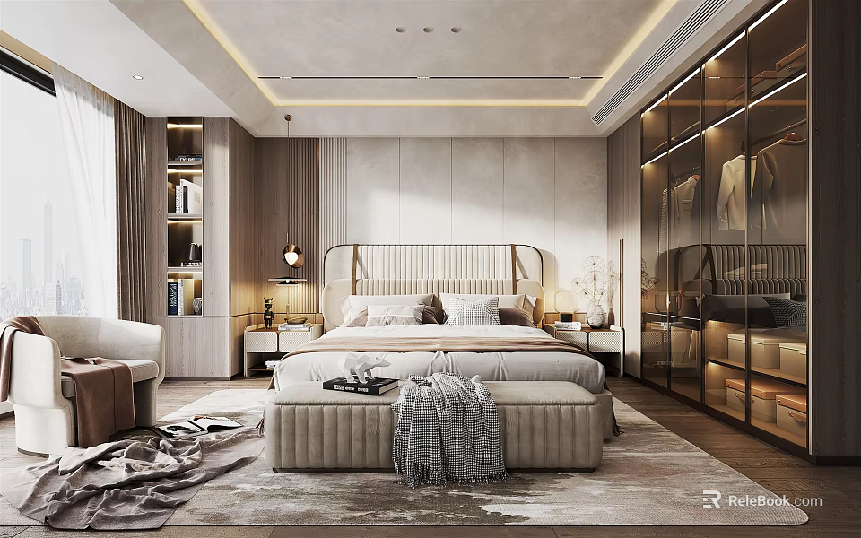 Modern Elegant Bedroom Interior With Upholstered Bed Bench Glass Wardrobe Soft Lighting And Plush Rug 3d model 