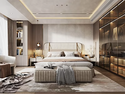 Modern Elegant Bedroom Interior With Upholstered Bed Bench Glass Wardrobe Soft Lighting And Plush Rug 3d model