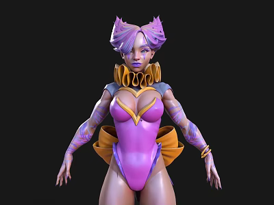 Game and Movie Character With Pink And Purple Hair Purple Bodysuit And Yellow Decorations 3d model