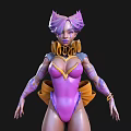Game and Movie Character With Pink And Purple Hair Purple Bodysuit And Yellow Decorations