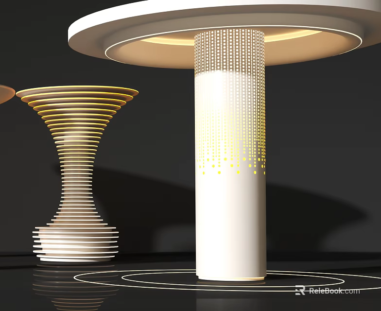 White Pillars With Illuminated Dot Patterns Spiral Layered Design Black Background Reflective Floor 3d model