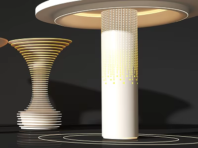 White Pillars With Illuminated Dot Patterns Spiral Layered Design Black Background Reflective Floor 3d model