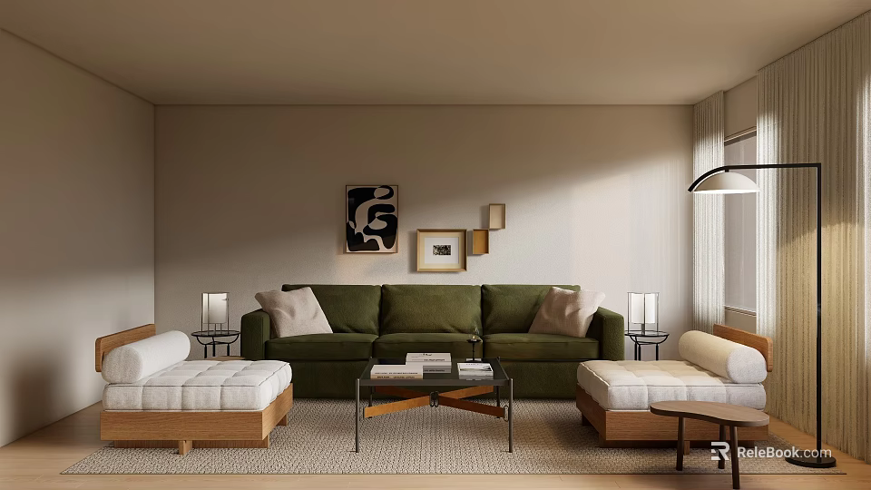 Modern Living Room Interior With Green Sofa Wooden Benches Glass Coffee Table And Wall Artworks 3d model 