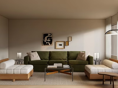 Modern Living Room Interior With Green Sofa Wooden Benches Glass Coffee Table And Wall Artworks 3d model