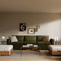 Modern Living Room Interior With Green Sofa Wooden Benches Glass Coffee Table And Wall Artworks