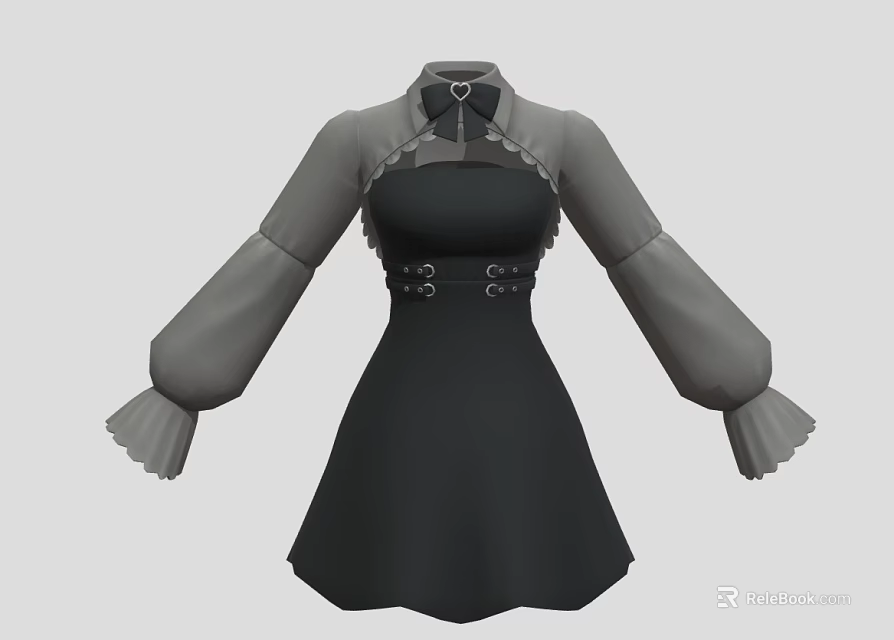Black and Gray Dress with Bow Tie Cinched Waist and Ruffled Long Sleeves 3d model 
