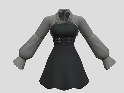 Black and Gray Dress with Bow Tie Cinched Waist and Ruffled Long Sleeves 3d model