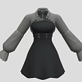 Black and Gray Dress with Bow Tie Cinched Waist and Ruffled Long Sleeves