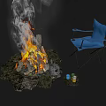 Cozy Garden Outdoor Decor with Burning Bonfire Blue Folding Chair Teapot and Cups