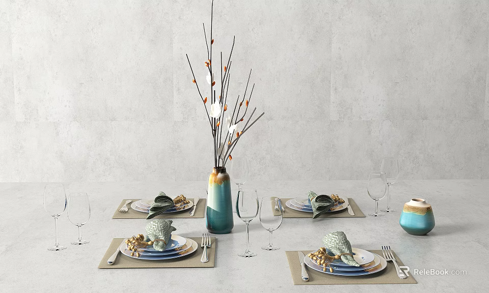 Elegant Tableware Set With Plates Placemats Wine Glasses And Decorative Vase On Dining Table 3d model 