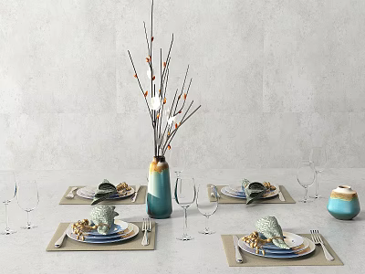 Elegant Tableware Set With Plates Placemats Wine Glasses And Decorative Vase On Dining Table 3d model