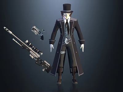 Game Movie Character Wearing Black Long Coat Top Hat With Rifle And Sidearm 3d model