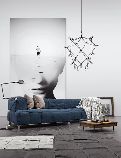 Modern Blue Sectional Sofa with Throw Pillows and Blanket Floor Lamp and Wall Art in Living Room 3d model