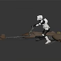 Brown Futuristic Speeder Motorcycle With Long Front Forks Ridden by White Armored Figure