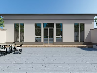 Modern Outdoor Garden Landscape With Patio Gray Stone Tiles Large Windows Glass Doors And Trees 3d model