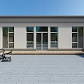 Modern Outdoor Garden Landscape With Patio Gray Stone Tiles Large Windows Glass Doors And Trees