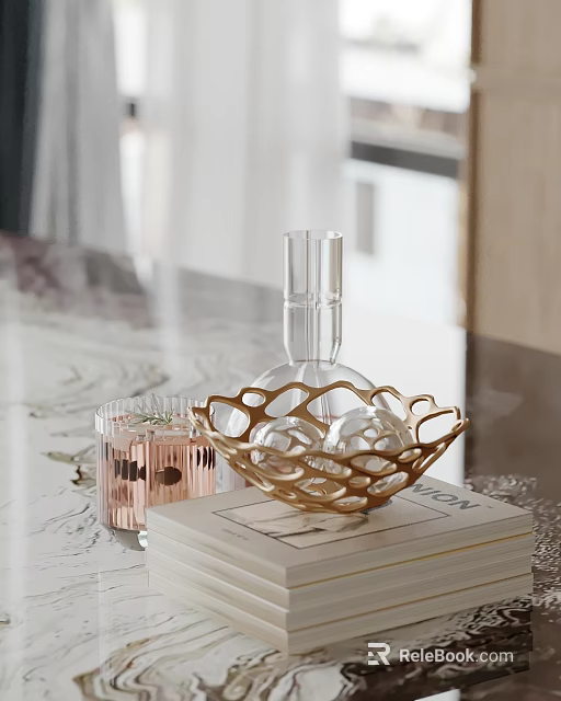 Elegant Decorative Ornament Set With Glass Vase Golden Mesh Basket And Pink Candle Holders 3d model 