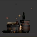 Vintage Scene Composition With Wooden Barrels Green Bottle Rolled Scroll Lit Candle And Gold Coins