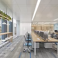 Modern Office Interior With Open Layout Desks Computers Chairs Plants Blue Lines And Ceiling Lights 3d model