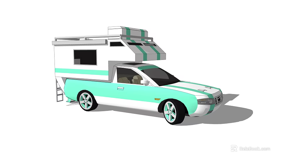 Stylish Recreational Vehicle With White And Light Green Stripes Roof Rack And Side Ladder Design 3d model 