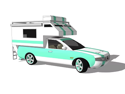 Stylish Recreational Vehicle With White And Light Green Stripes Roof Rack And Side Ladder Design 3d model