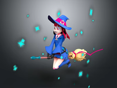 Game Movie Character Witch Riding Broomstick In Blue Outfit With Red Accent And Blue Stars 3d model