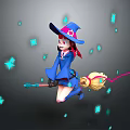 Game Movie Character Witch Riding Broomstick In Blue Outfit With Red Accent And Blue Stars