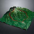 Scenic Green Mountain Landscape with Winding Red Marked Trail and Lush Terrain