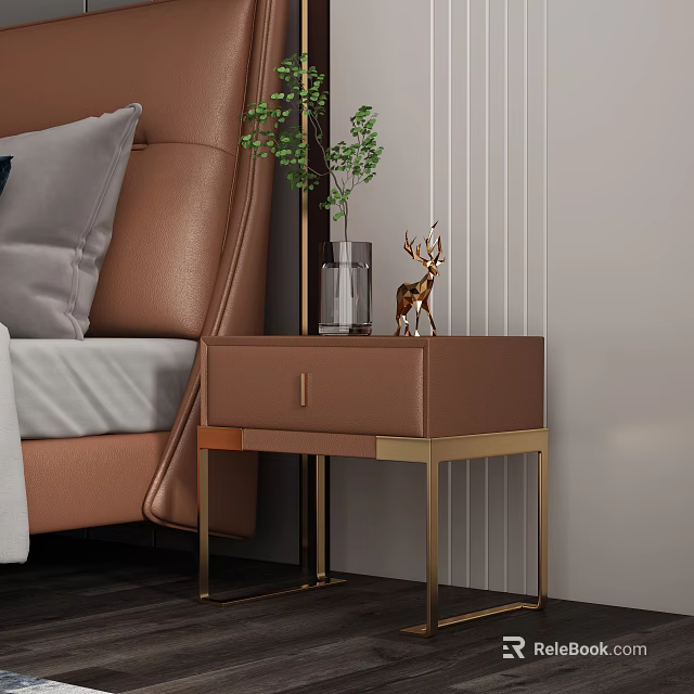 Brown Leather Bedside Table With Gold Legs Drawer Deer Figurine And Green Plant On Top 3d model 
