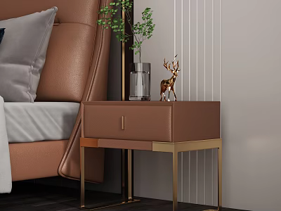 Brown Leather Bedside Table With Gold Legs Drawer Deer Figurine And Green Plant On Top 3d model