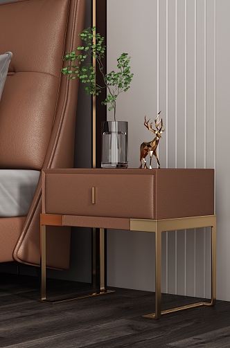 Bedroom Bedside Cabinet Leather Bed Combination 3d model