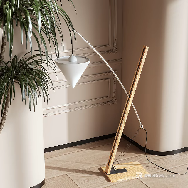 Modern Floor Lamp With White Cone Shade Wooden Stand Near Green Plant And Paneled Wall 3d model 