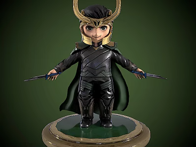 Game Movie Character Loki Chibi Figure In Black Costume Golden Helmet Holding Daggers On Base 3d model