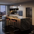 Modern Luxury Marble Kitchen Bar Counter With Comfortable Bar Stools And Stunning City Night View