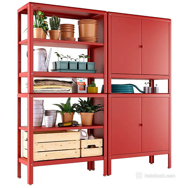 Red Storage Shelves And Cabinets With Potted Plants Terracotta Pots Wooden Crates And Books 3d model 