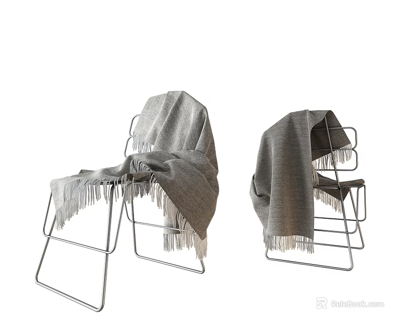 Two Stylish Leisure Chairs With Metal Frame And Gray Fringe Blanket 3d model 
