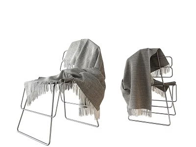 Two Stylish Leisure Chairs With Metal Frame And Gray Fringe Blanket 3d model