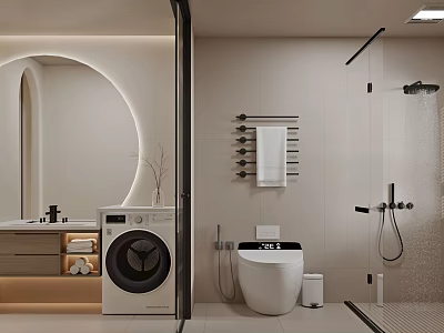 Modern Bathroom Interior With Round Mirror Washing Machine Smart Toilet Shower Area And White Tiles 3d model