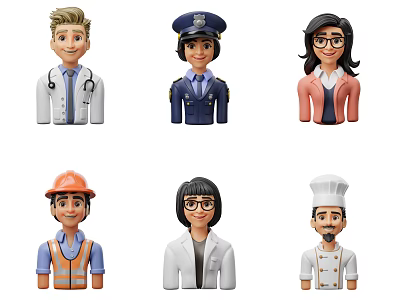 Diverse Career Character Ornament Figurine Set With Doctor Police Officer Chef And Construction Worker Designs 3d model